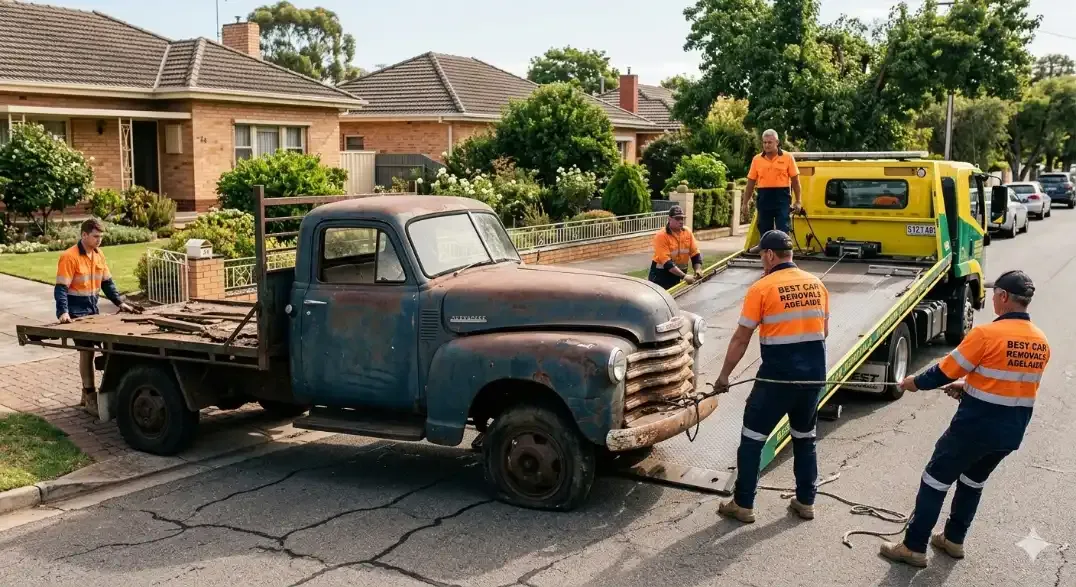 A team of car removal professionals in high-visibility uniforms winching a rusty, vintage blue scrap truck onto a modern tilt-tray tow truck on an Adelaide suburban street.