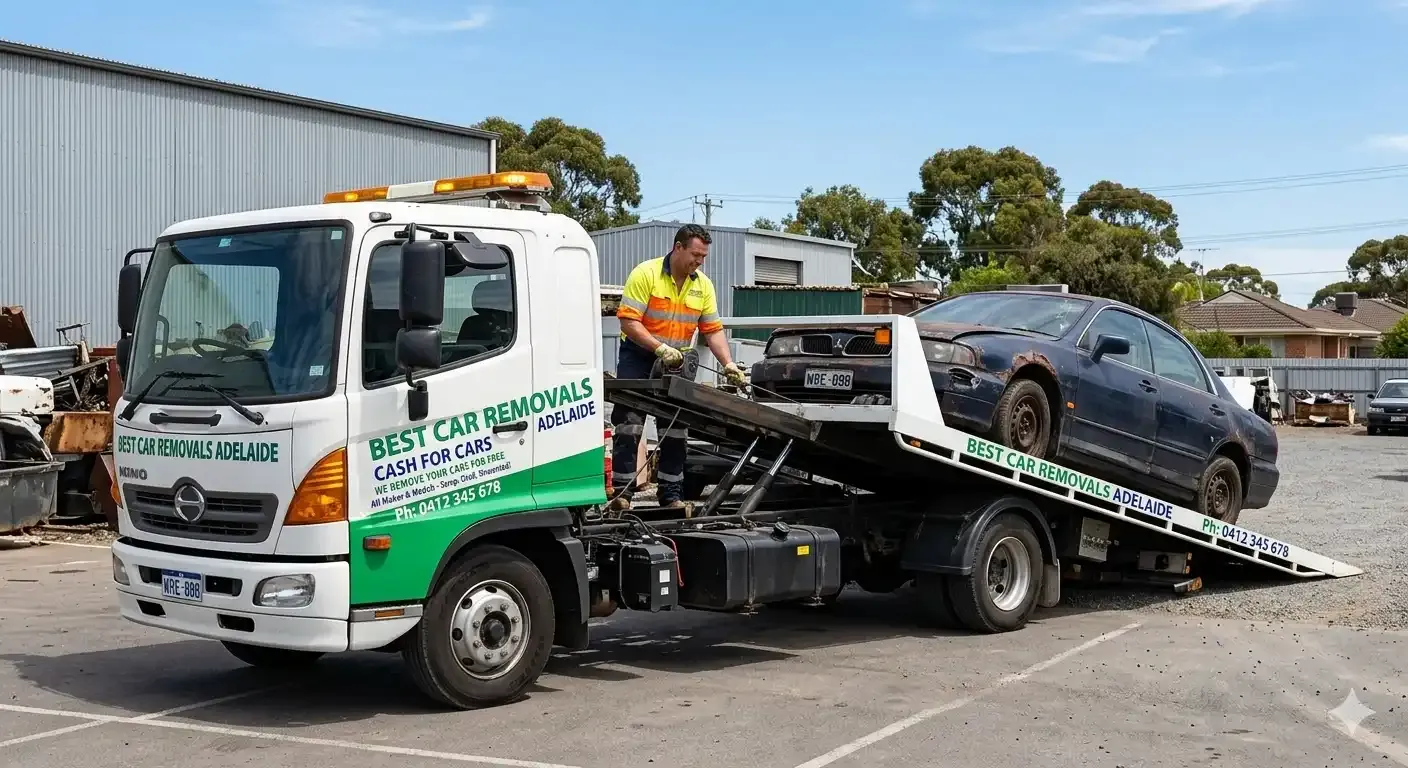 A white and green flatbed tow truck with “Best Car Removals Adelaide” and “Cash for Cars” branding loading a damaged scrap vehicle in an industrial scrap yard.