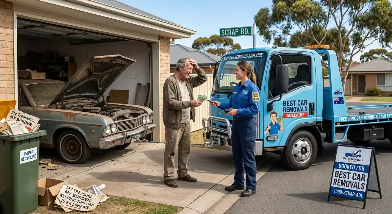 A relieved senior homeowner smiles and receives cash from a professional female driver standing next to a bright blue flatbed tow truck labeled “Best Car Removals Adelaide.” The tow truck’s winch cable is hooked to a rusty, old car being pulled out of the garage, while an advertising sign in the foreground displays phone contact details.