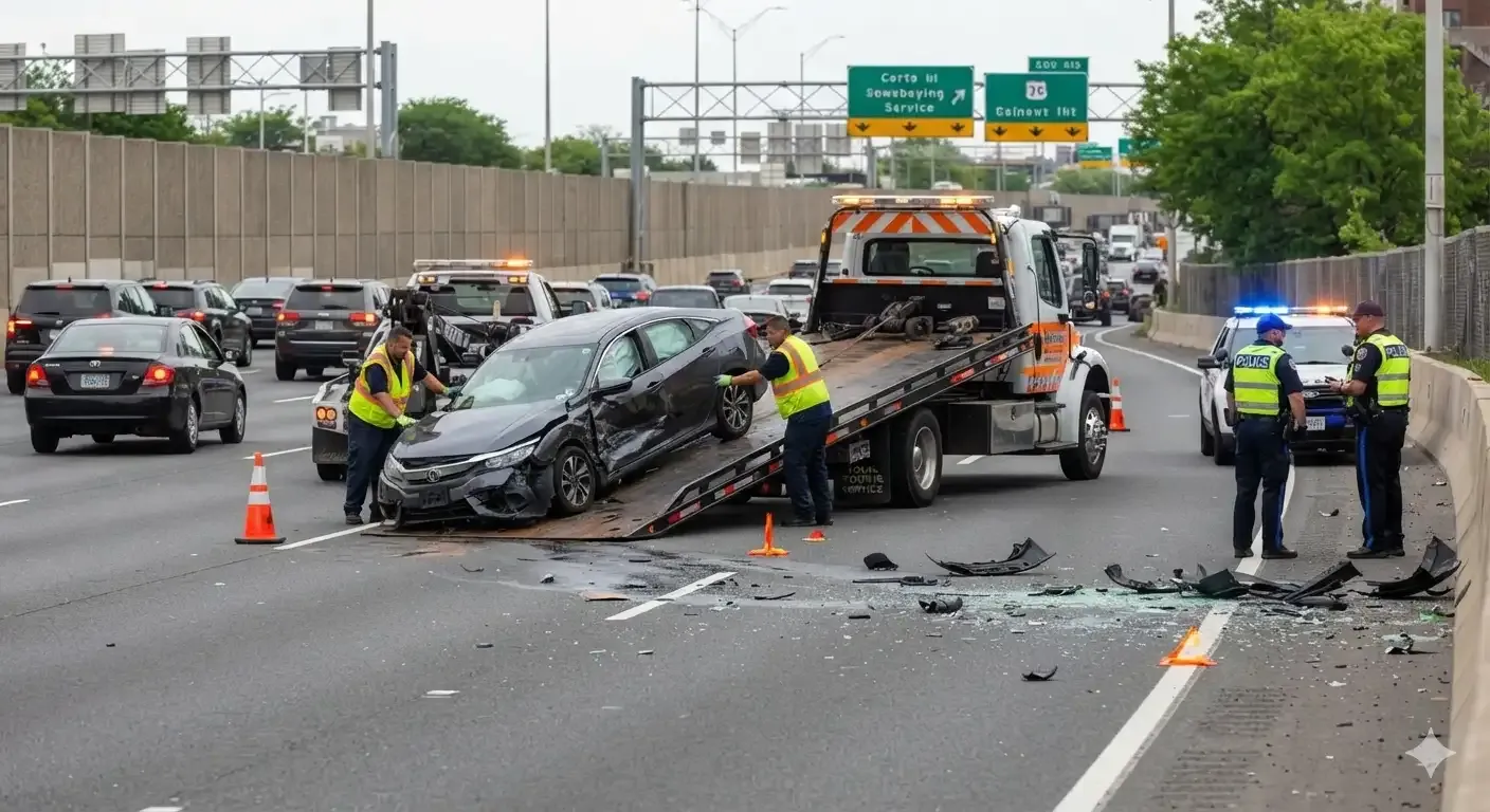 Tow truck operators clearing a severely damaged black sedan from a busy highway after a crash, with a police vehicle and debris on the road.