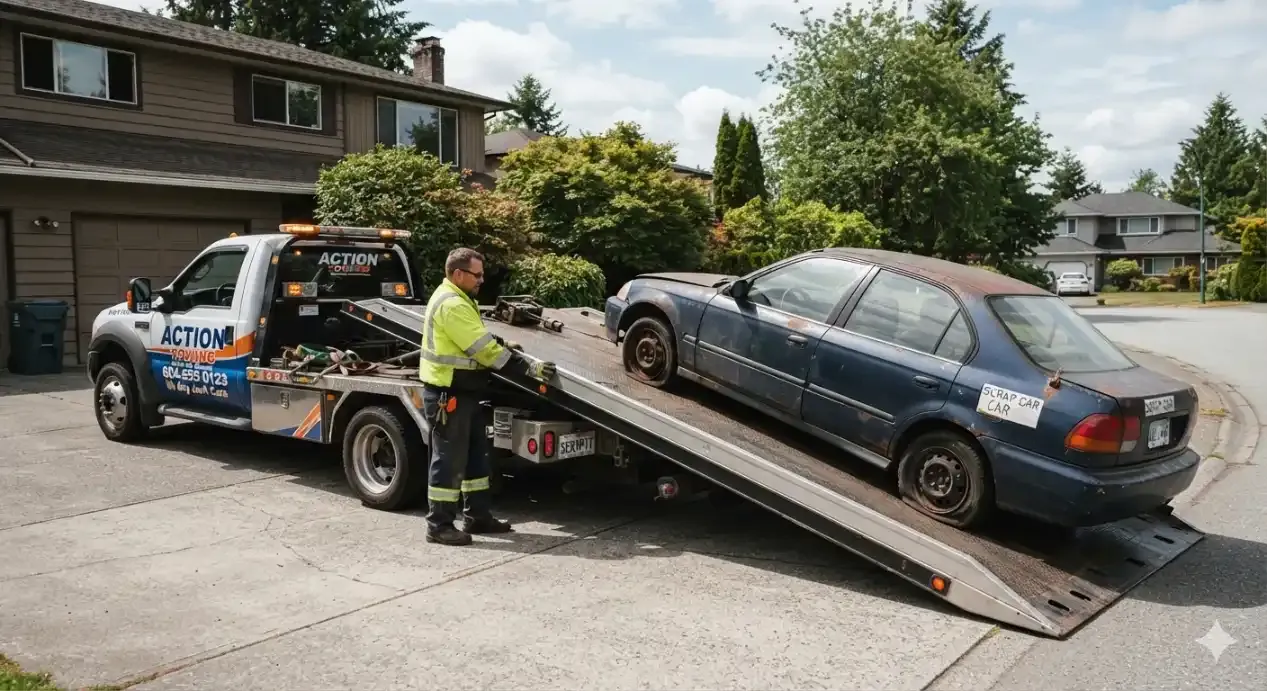 A flatbed tow truck operator in a high-visibility jacket loading a rusty, scrap sedan from a residential driveway in a quiet neighborhood.