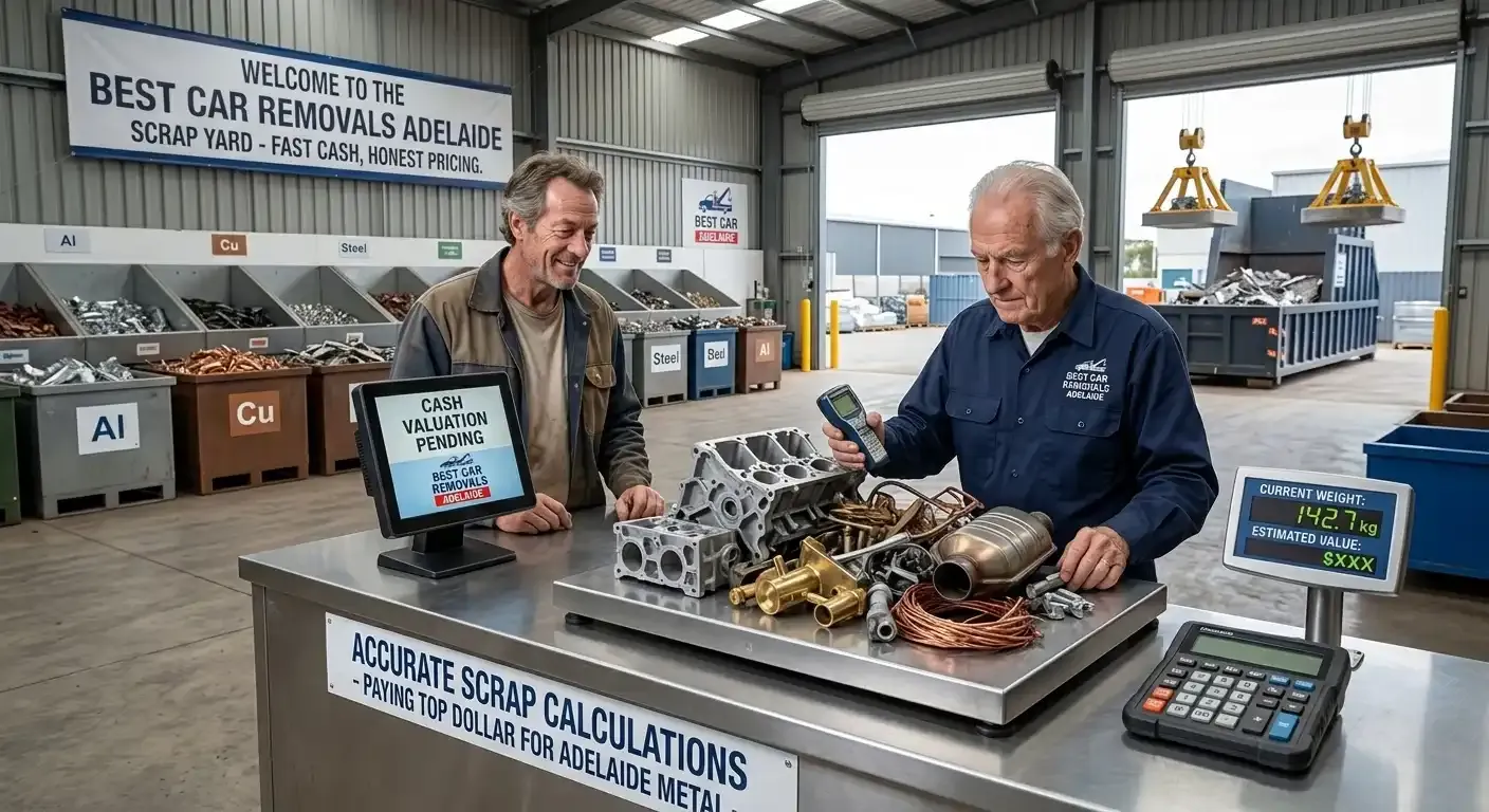 An elderly recycling yard worker inspects automotive scrap parts, including an engine block, catalytic converter, and copper coils, on a large platform scale. A customer looks on with a smile, waiting for his payout. A sign in the background reads “Welcome to the Best Car Removals Adelaide Scrap Yard - Fast Cash, Honest Pricing.”