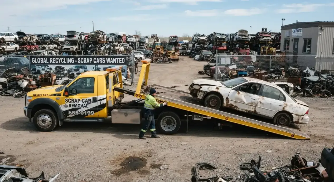 A yellow flatbed tow truck with “Scrap Car Removal” branding loading a damaged, white scrap sedan inside a large wrecking yard filled with stacked vehicles.