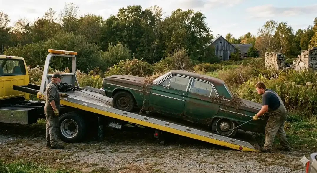A salvage worker hooks up a rusty, overgrown classic blue Ford sedan to a vintage tow truck outside an old farmhouse.