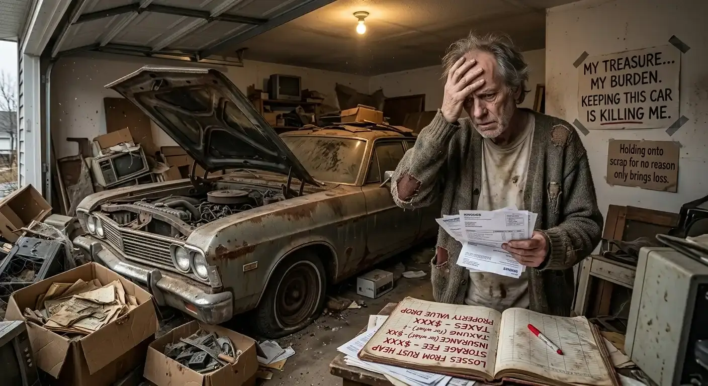 An anxious, elderly man holds his head in distress while reviewing piling bills inside a heavily cluttered garage. Behind him sits a severely rusted, decaying classic car with its hood propped open. A large ledger on the table details mounting financial losses, while handwritten notes on the wall read "My Treasure... My Burden. Keeping this car is killing me."